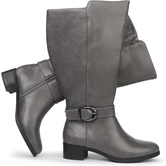 ⚡Women's Grey Comfort Extra Wide Calf Pull On Side Zipper Knee High Boots - Picture 1 of 5